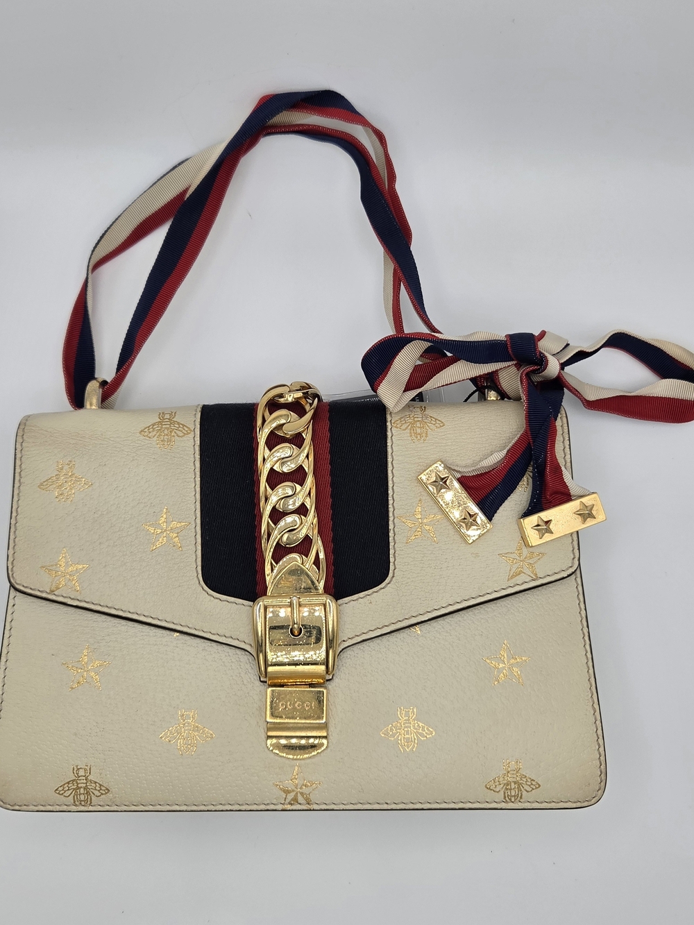 Authentic Gucci Textured Calfskin Bee Star Print Small Sylvie Shoulder Bag
